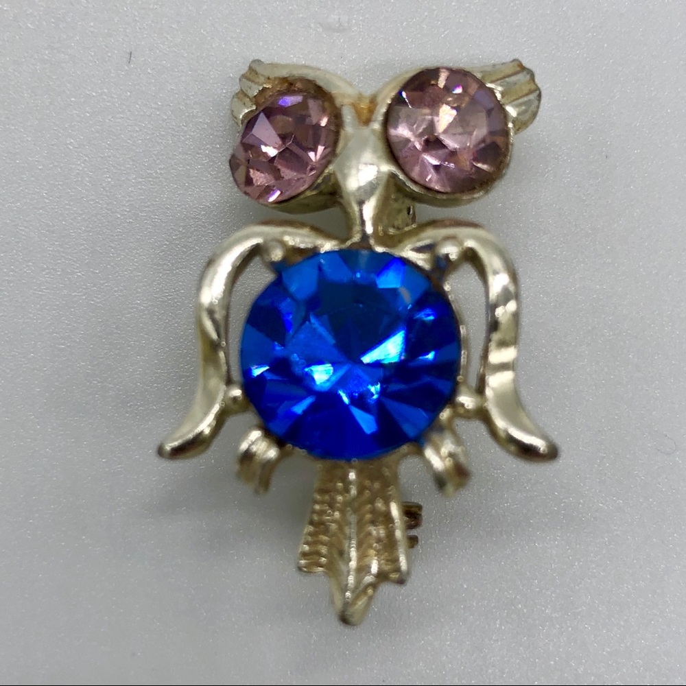 **FREE W/PURCHASE Vintage Rhinestone‎ Owl Brooch Pin Purple Deep Blue